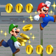 Mario and Luigi collect coins over a screenshot of the RomUniverse website circa 2019.